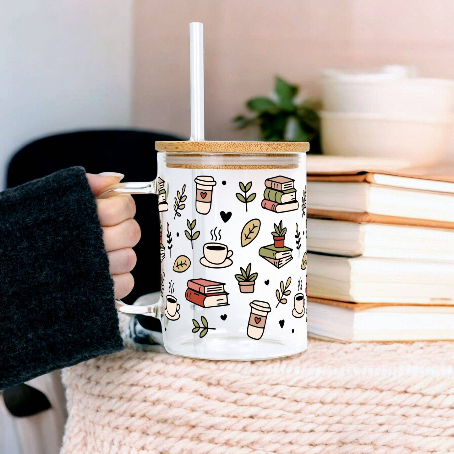 Coffee and Books 17oz Glass Mug with Lid and Straw