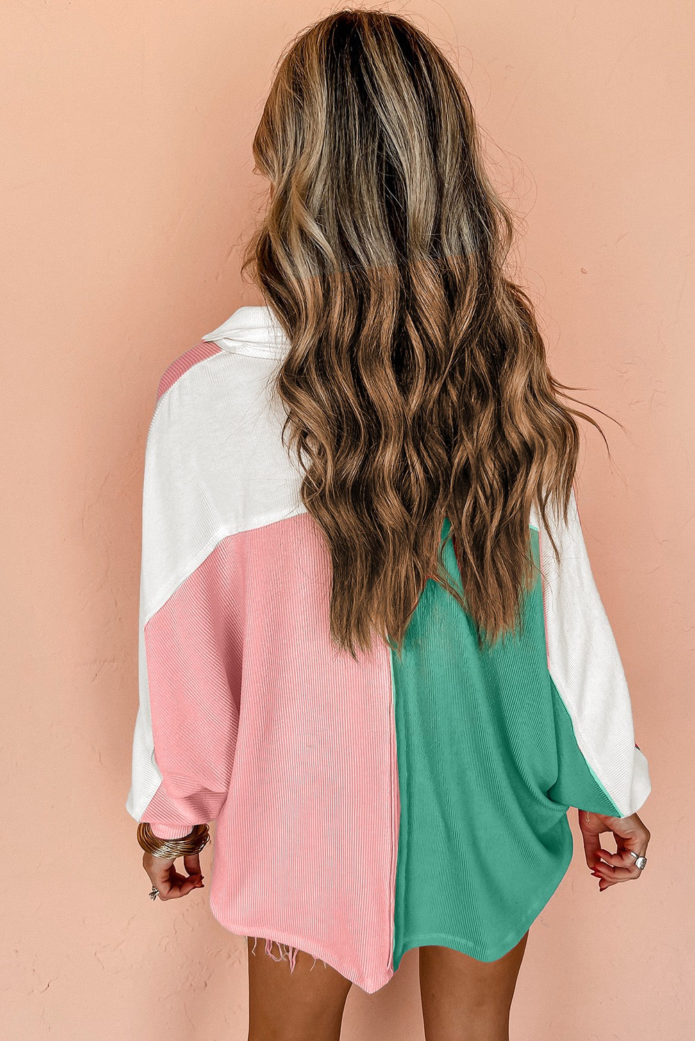 Pink Color Block Ribbed Collared Oversized Sweatshirt