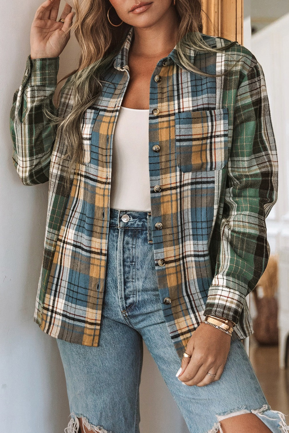 Green Chest Pockets Button Up Plaid