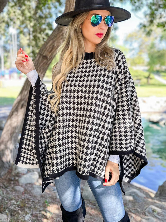 Checked & Chic Houndstooth Knit Poncho