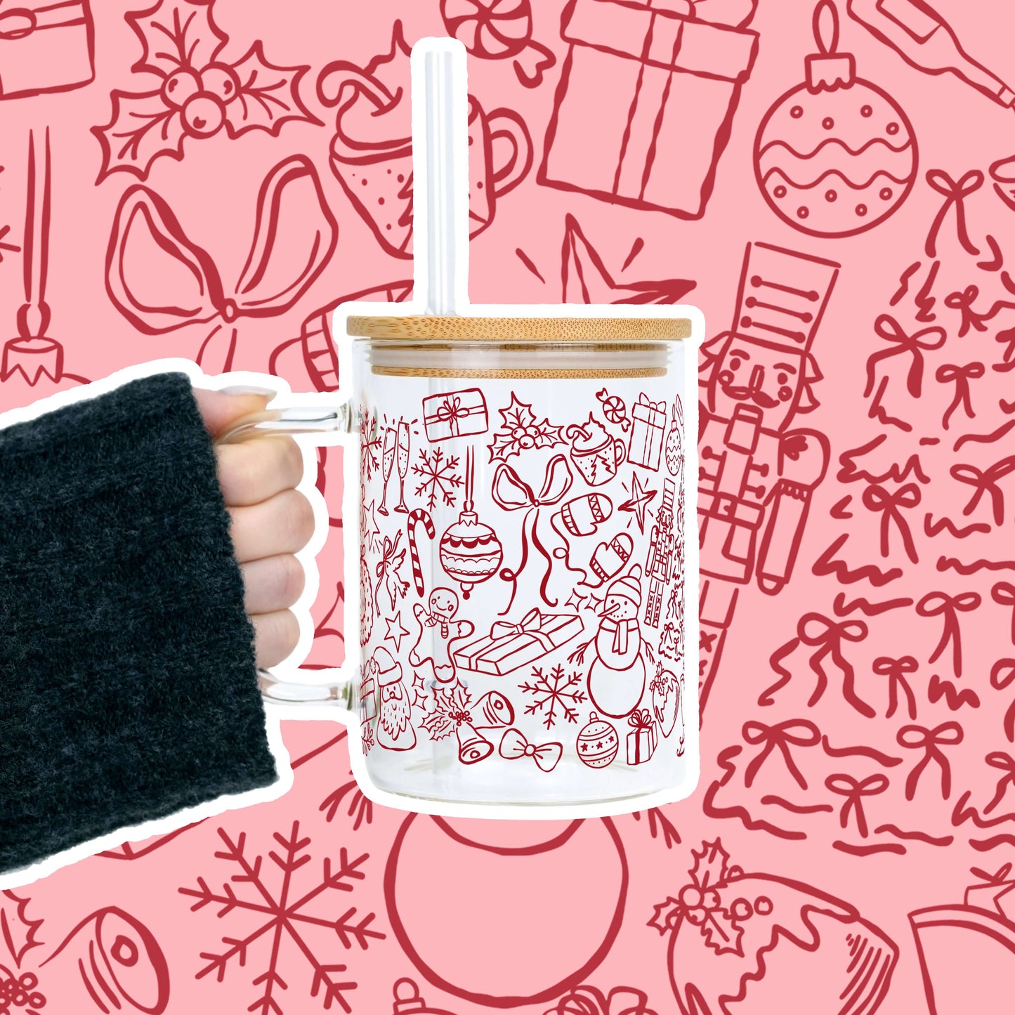 Christmas Doodles Clear Glass Mug with Lid & Straw