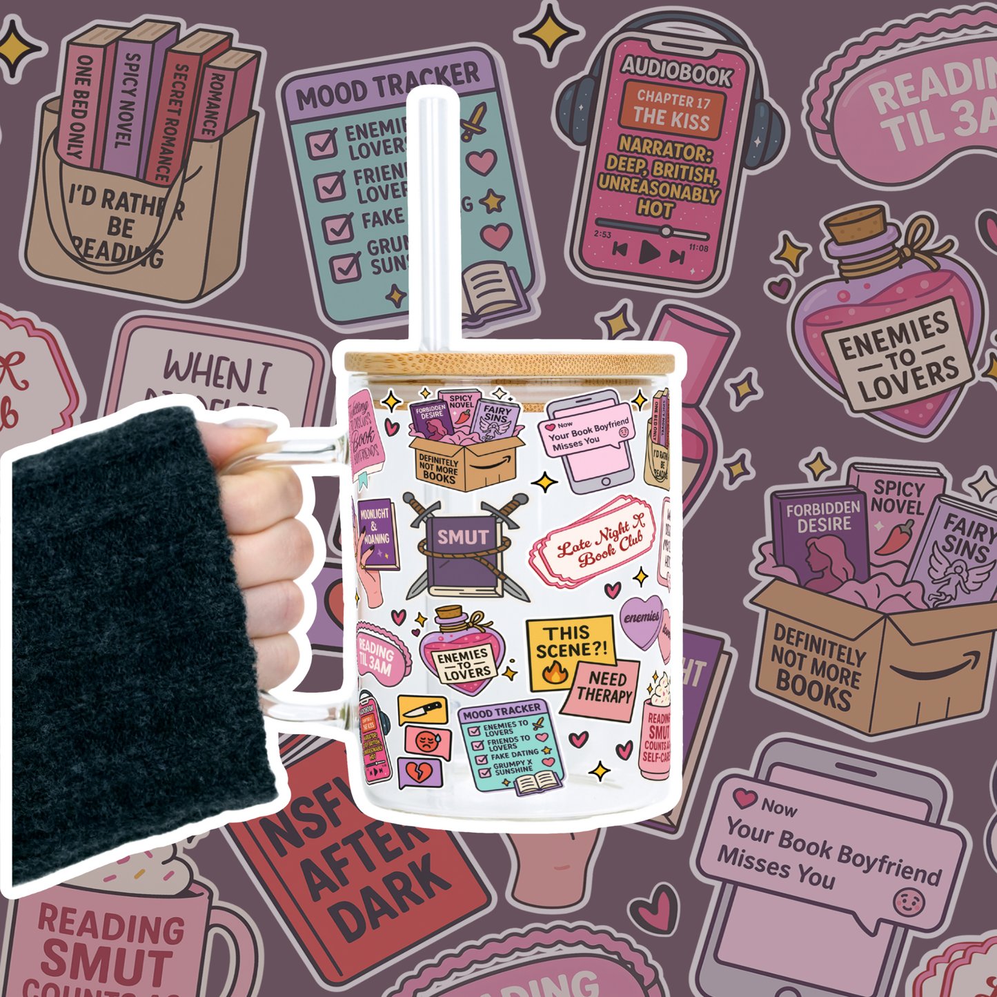 Spicy Book Lover Clear Glass Mug With Lid + Straw