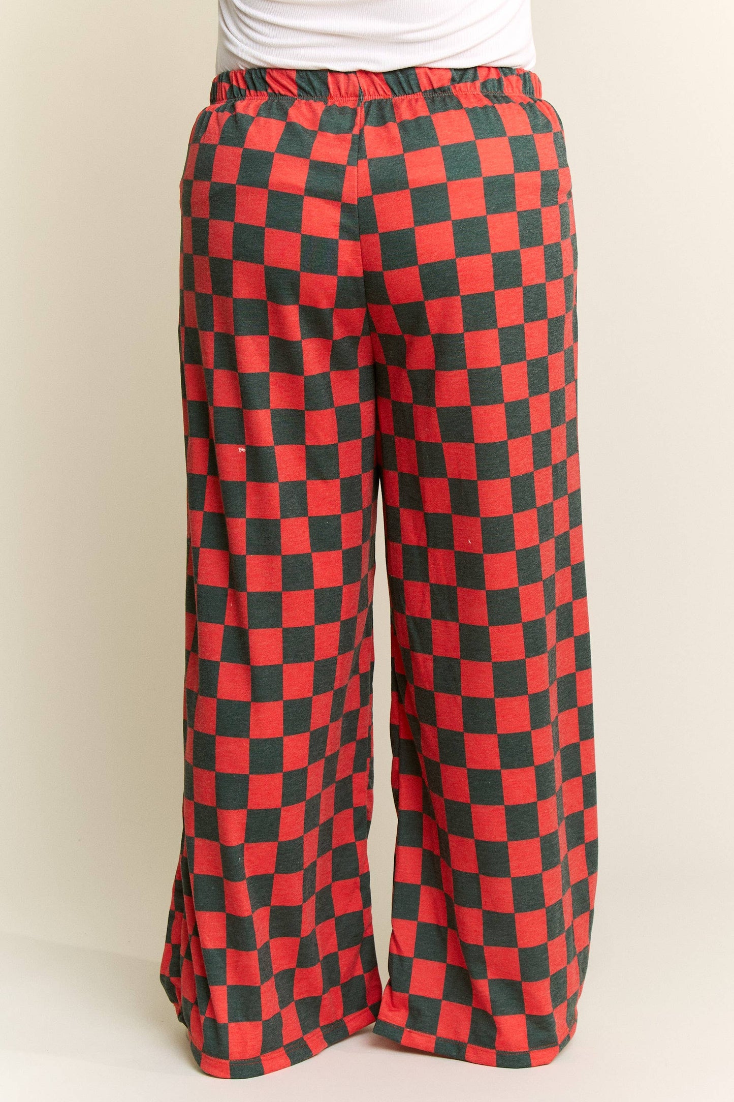 HIGH WAIST CHECKERED STRAIGHT LEG KNIT PANTS