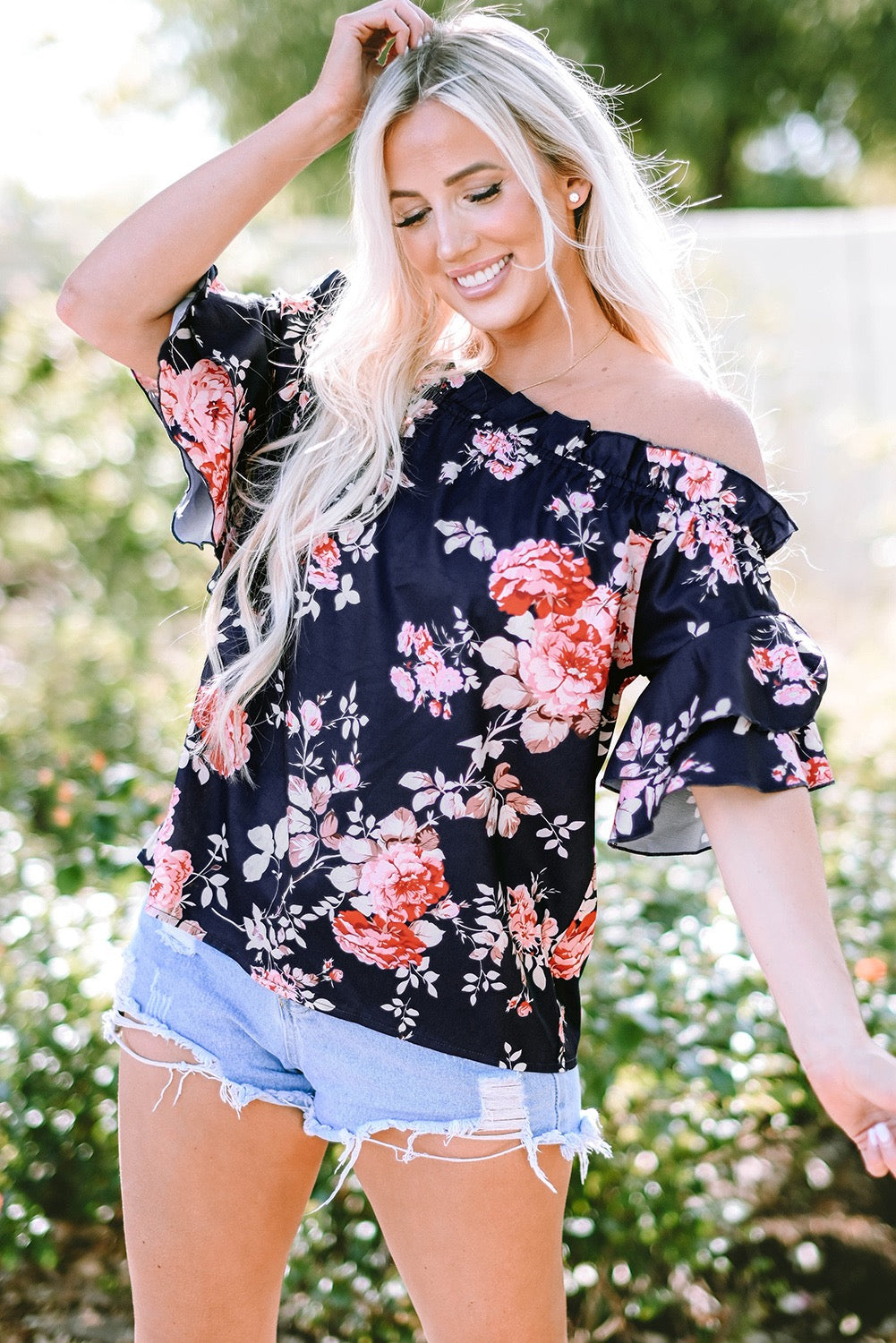 Blue Ruffle Off Shoulder Flounce
Sleeve Floral Blouse