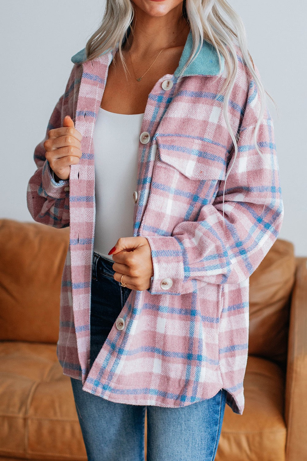 Pink Plaid Print Shacket