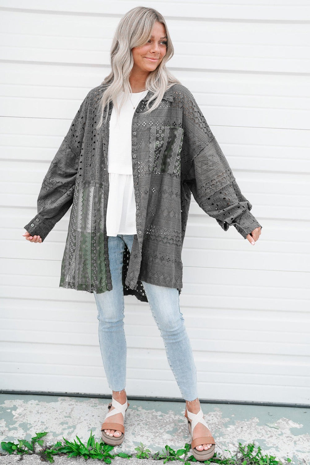 Green Eyelet Pattern Patchwork Oversized Shacket