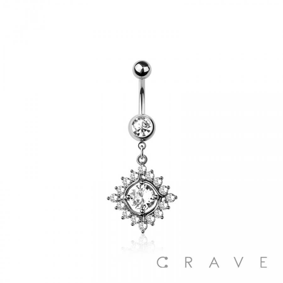 316L SURGICAL STEEL MULTI CZ RHOMBUS BEZEL DANGLE BELLY BUTT