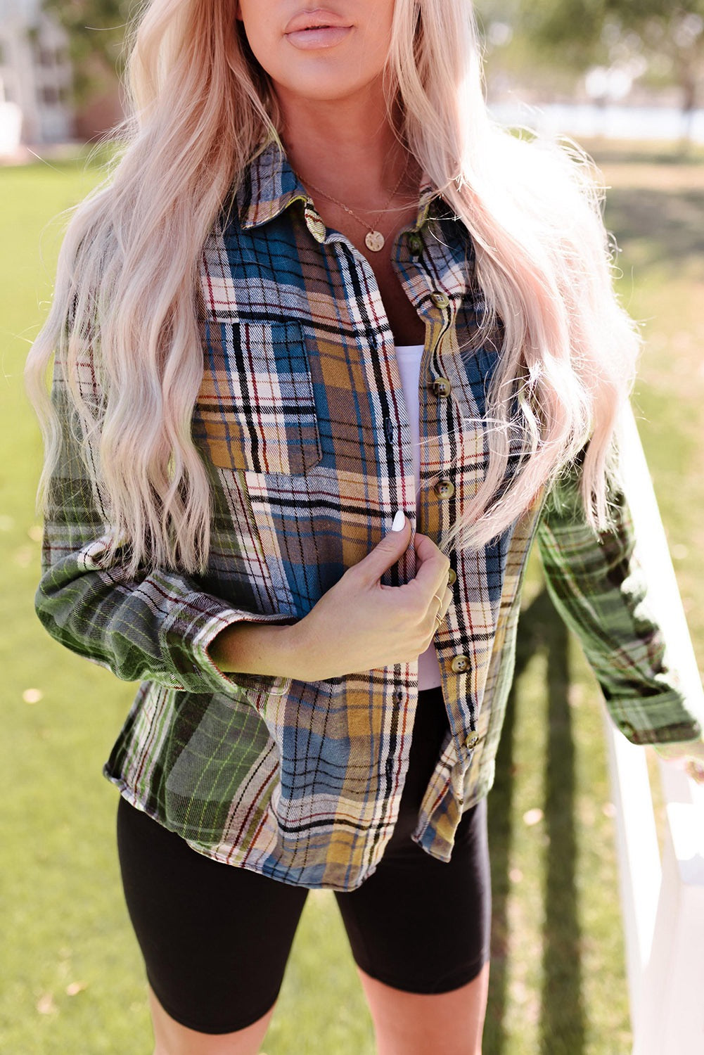 Green Chest Pockets Button Up Plaid