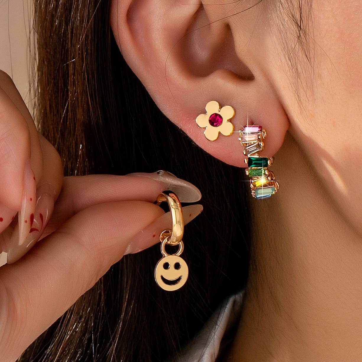 Rainbow Crystal, Smiley, and Floral Trio Earrings