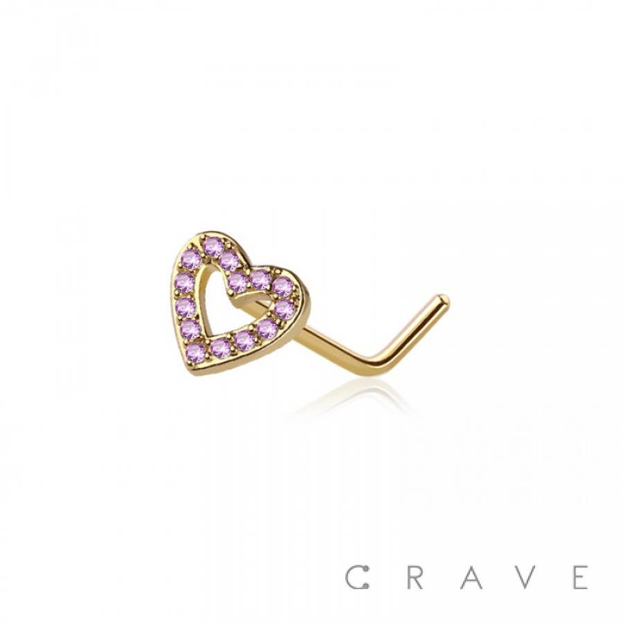 CZ PAVED HEART 316L SURGICAL STEEL L-SHAPE NOSE STUD