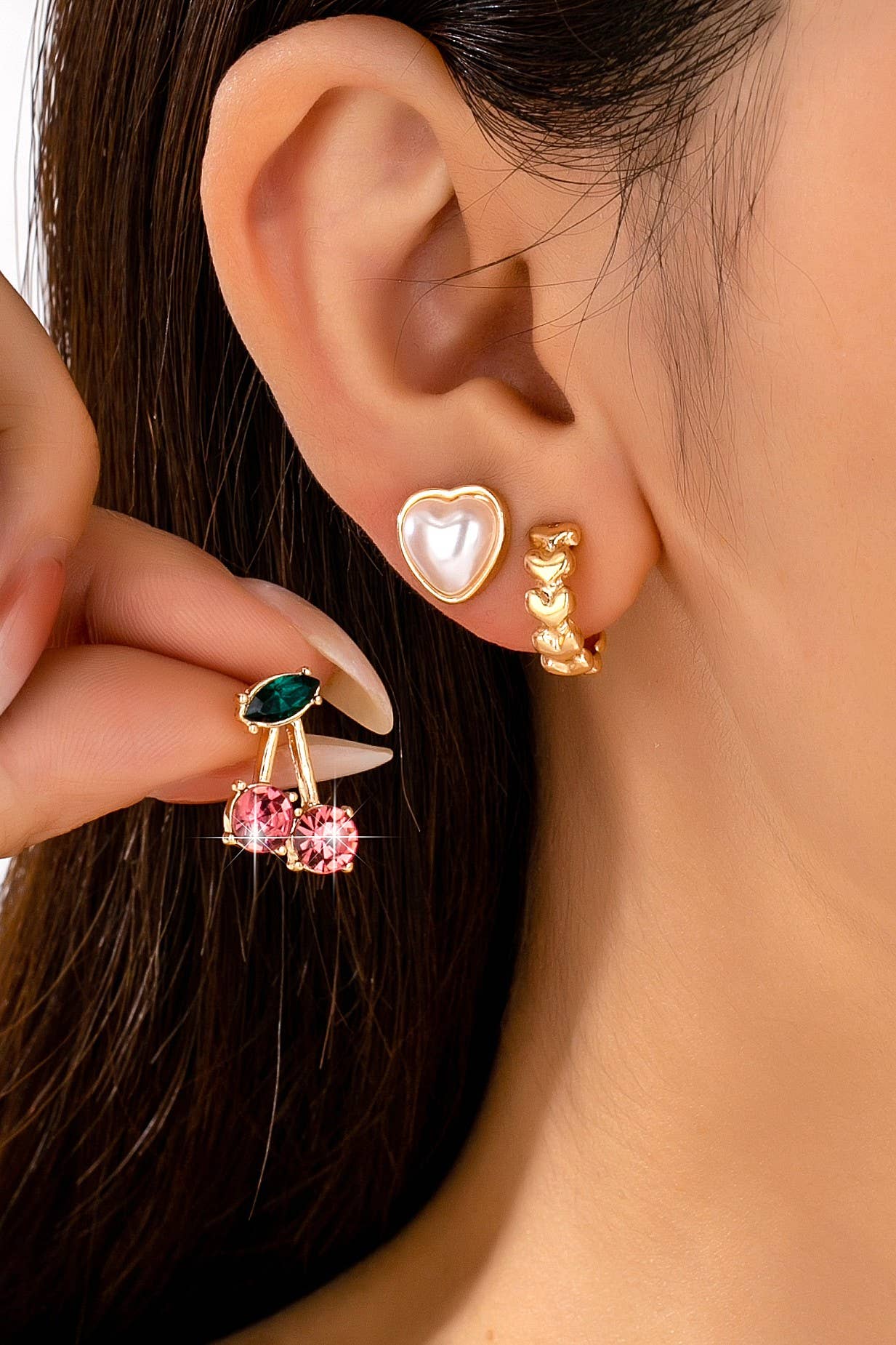 Trio Heart, Huggie, and Cherry Earring Set