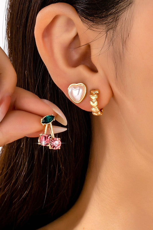 Trio Heart, Huggie, and Cherry Earring Set