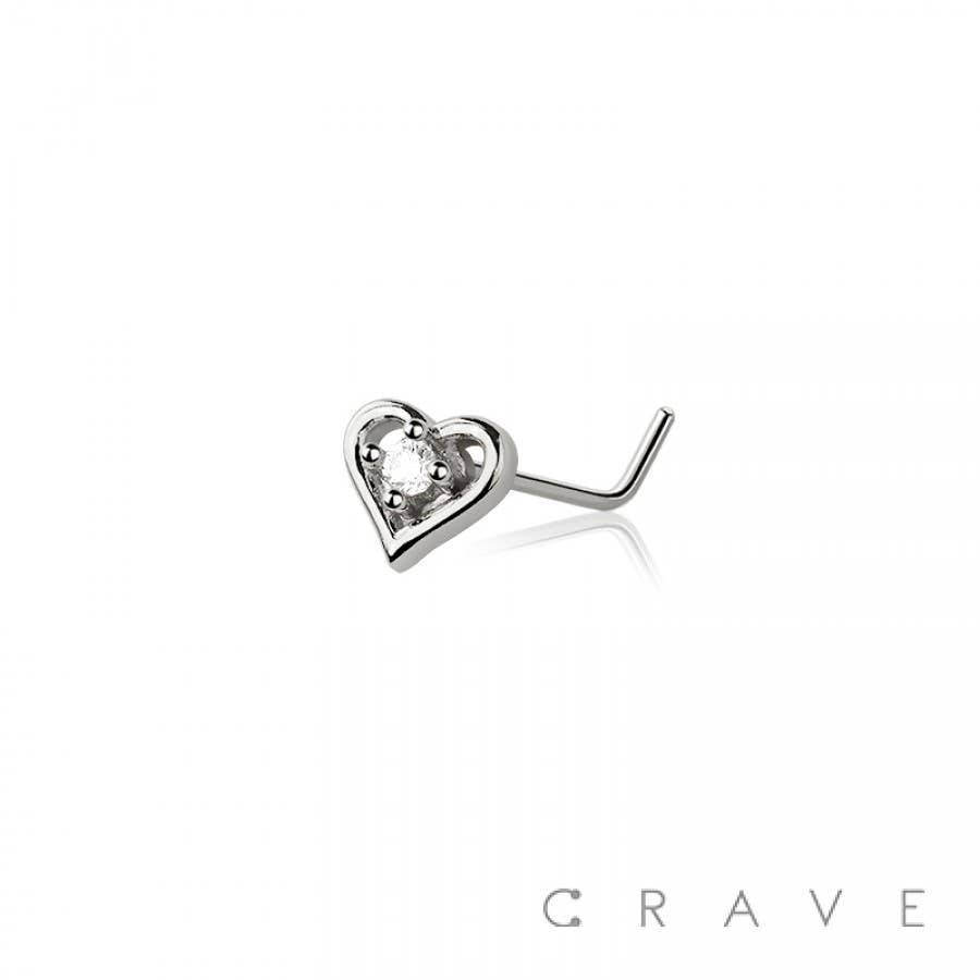 CZ CENTER HEART 316L SURGICAL STEEL L-SHAPE NOSE RING