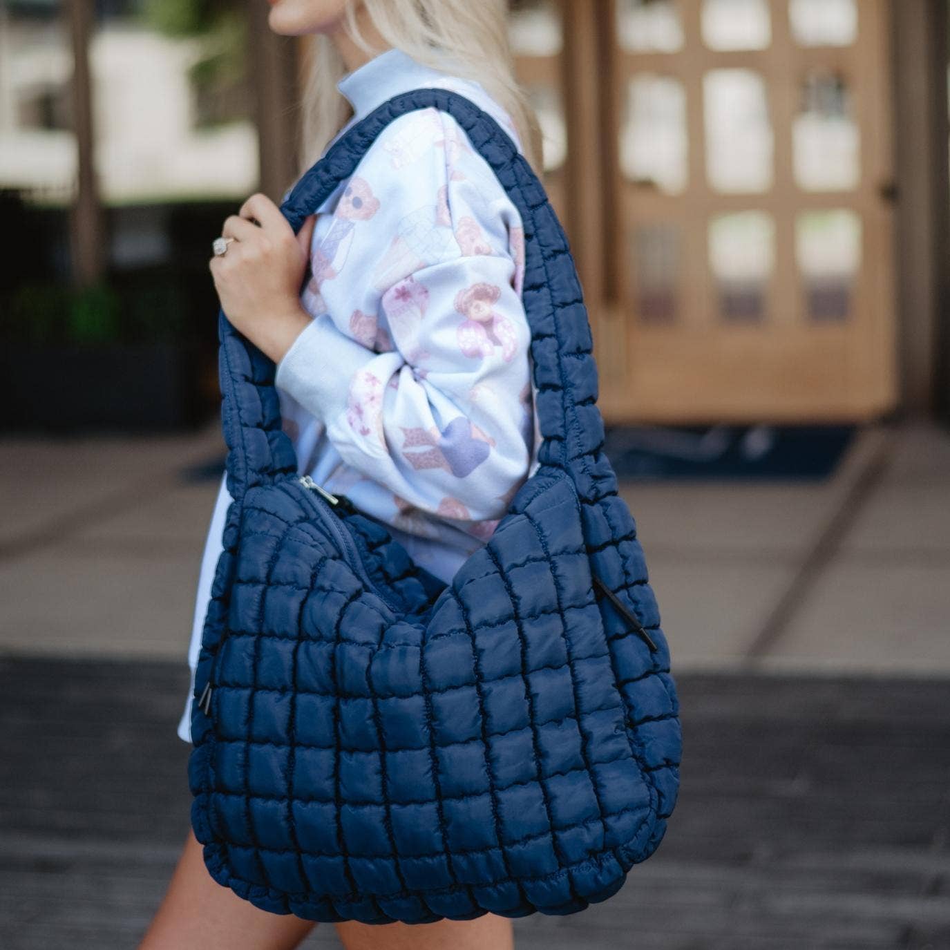 Navy Oversized Quilted Hobo Tote Bag for Women