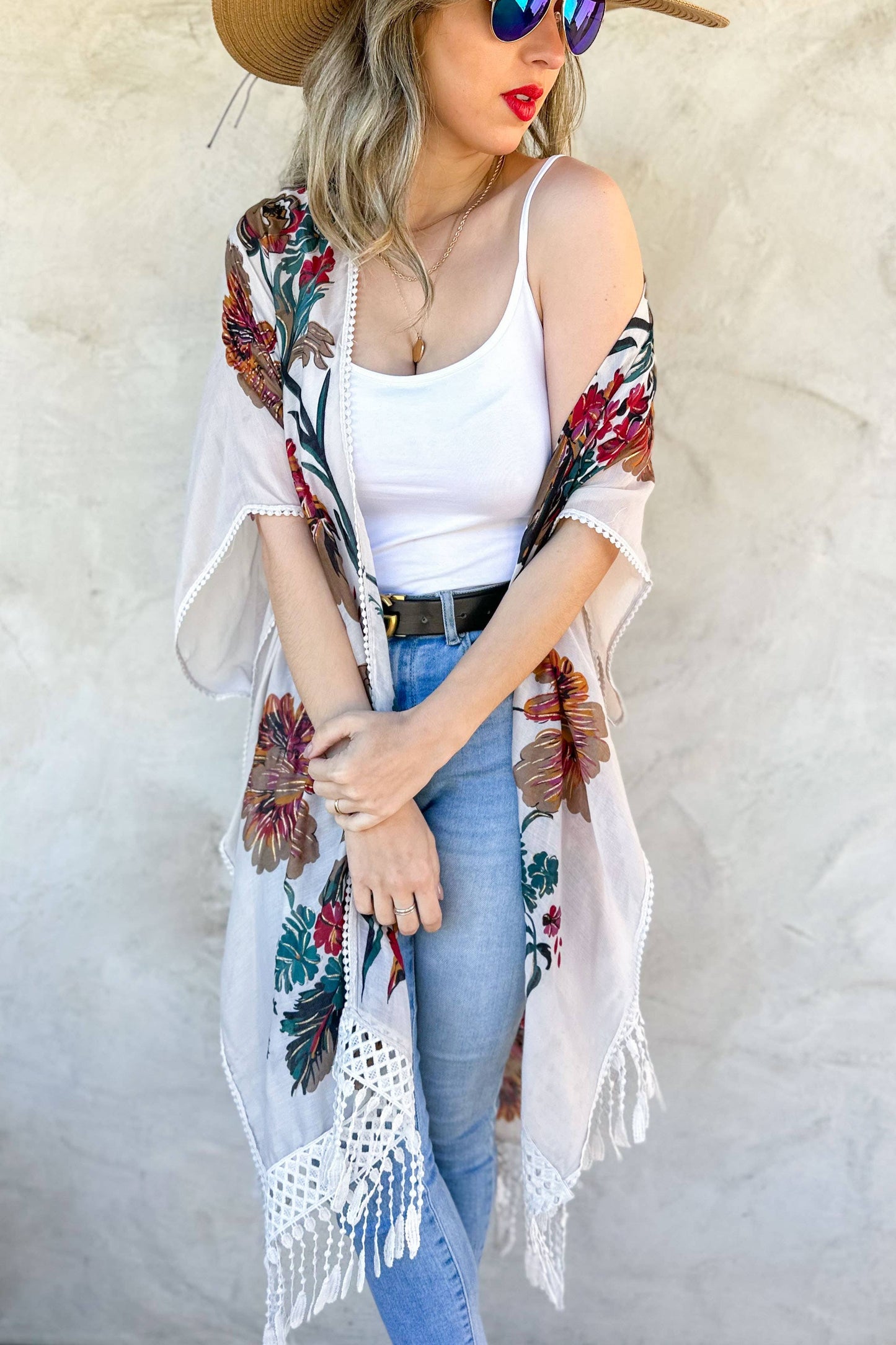 White Floral Print Lace Detail Tassel Bottom Kimono Cardigan