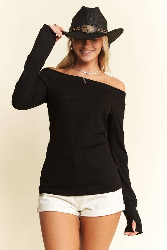 Solid Ribbed Off Shoulder Top