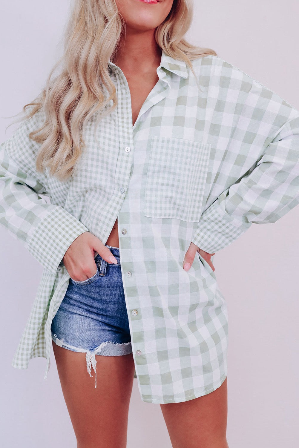 Green Mix Checked Patchwork Button Up