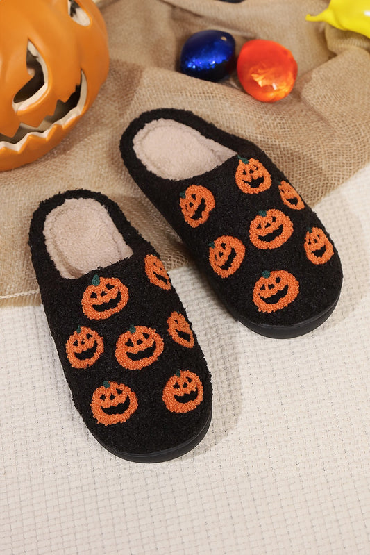 Spooky Black Pumpkin Plush Slippers