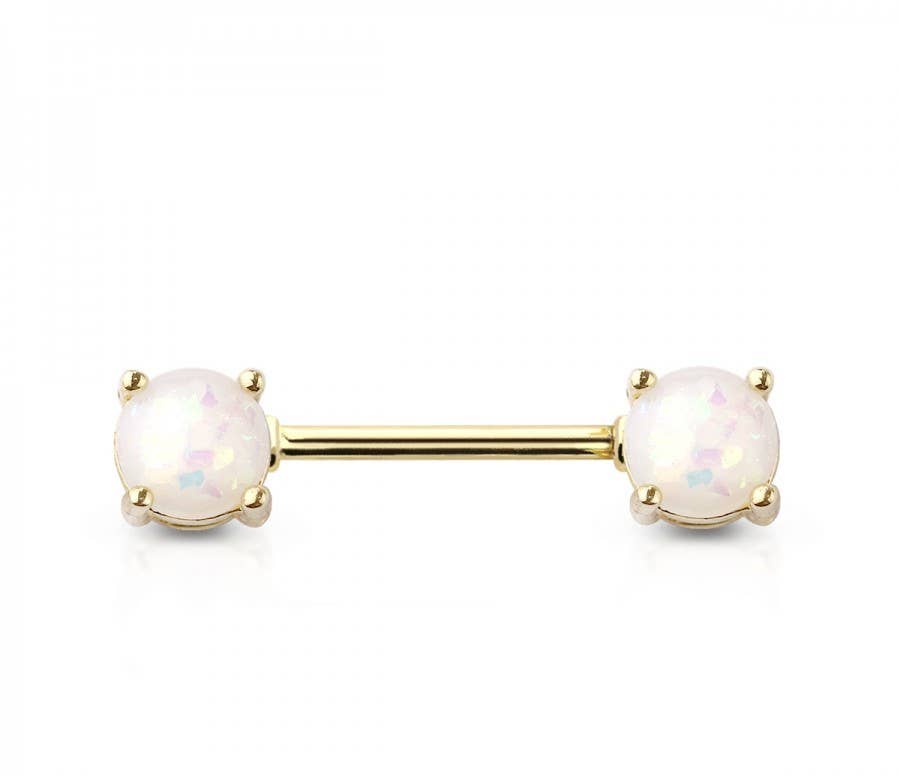 GOLD PLATED DOUBLE ROUND RESIN OPAL PRONG SET SS NIPPLE BAR
