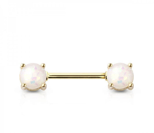 GOLD PLATED DOUBLE ROUND RESIN OPAL PRONG SET SS NIPPLE BAR