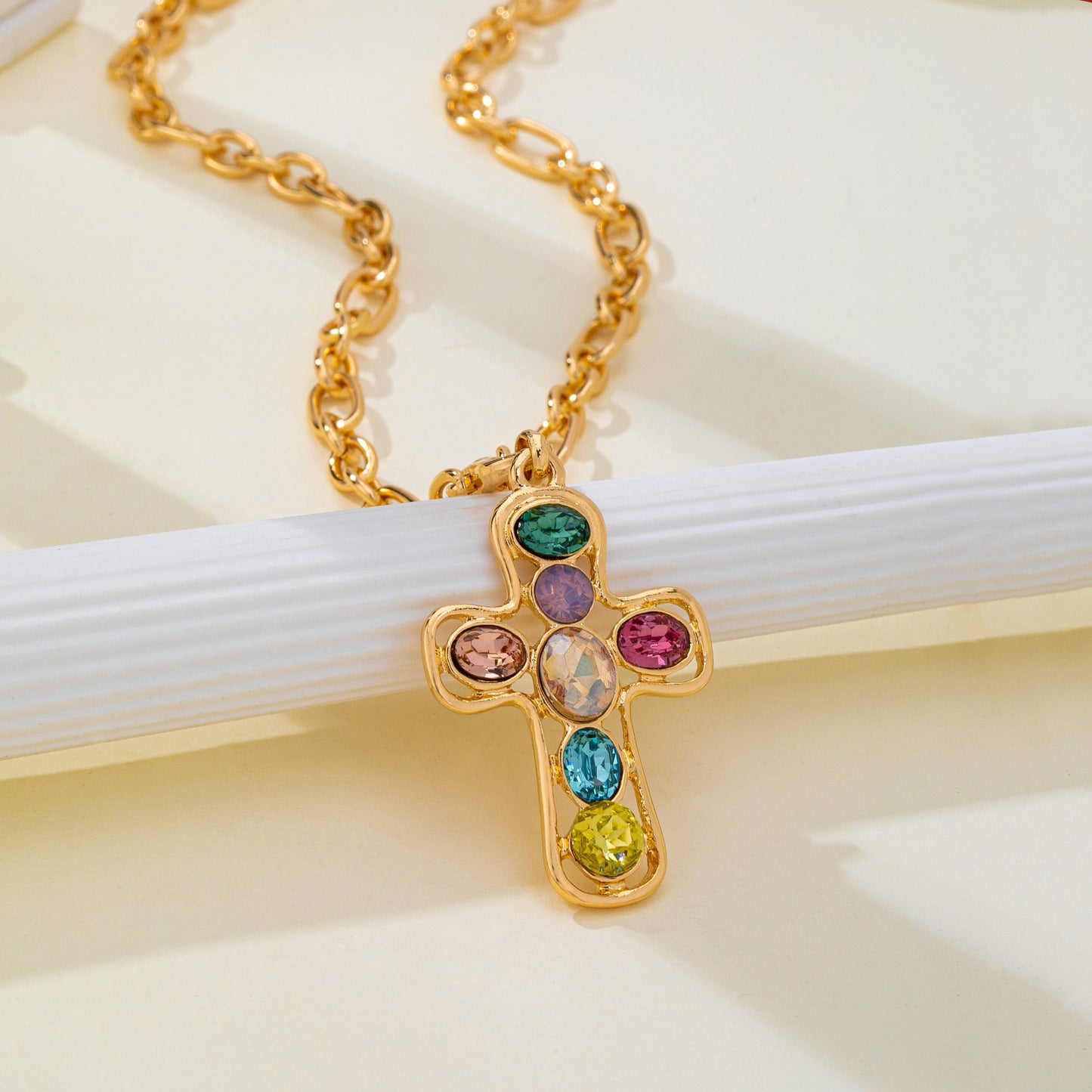Multi-Colored Crystal Cross Necklace