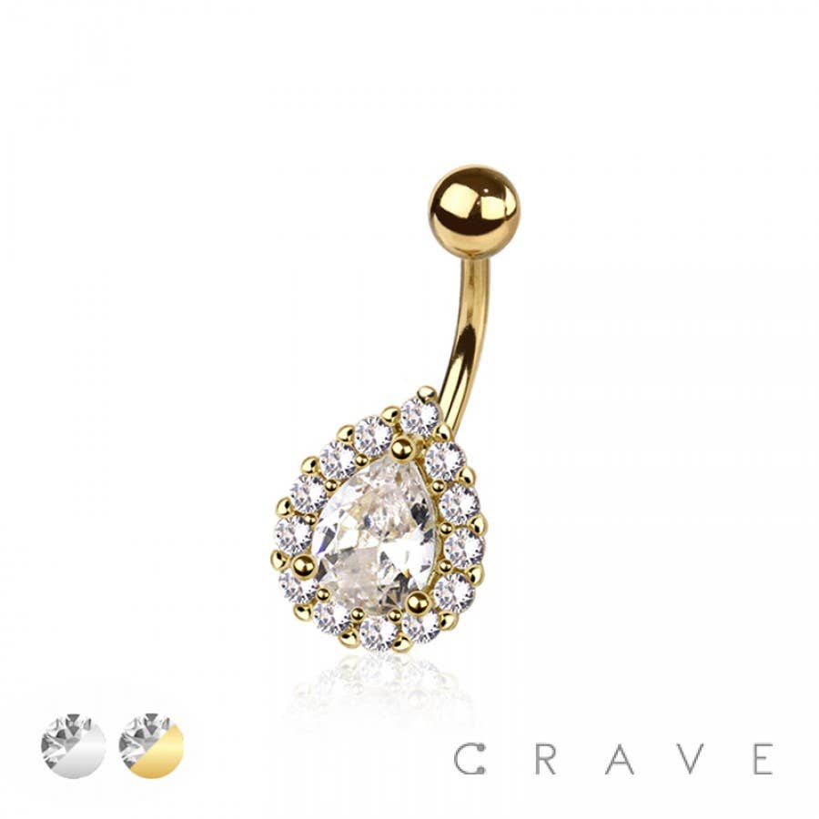 CZ PAVED TEAR DROP 316L SURGICAL STEEL NAVEL RING