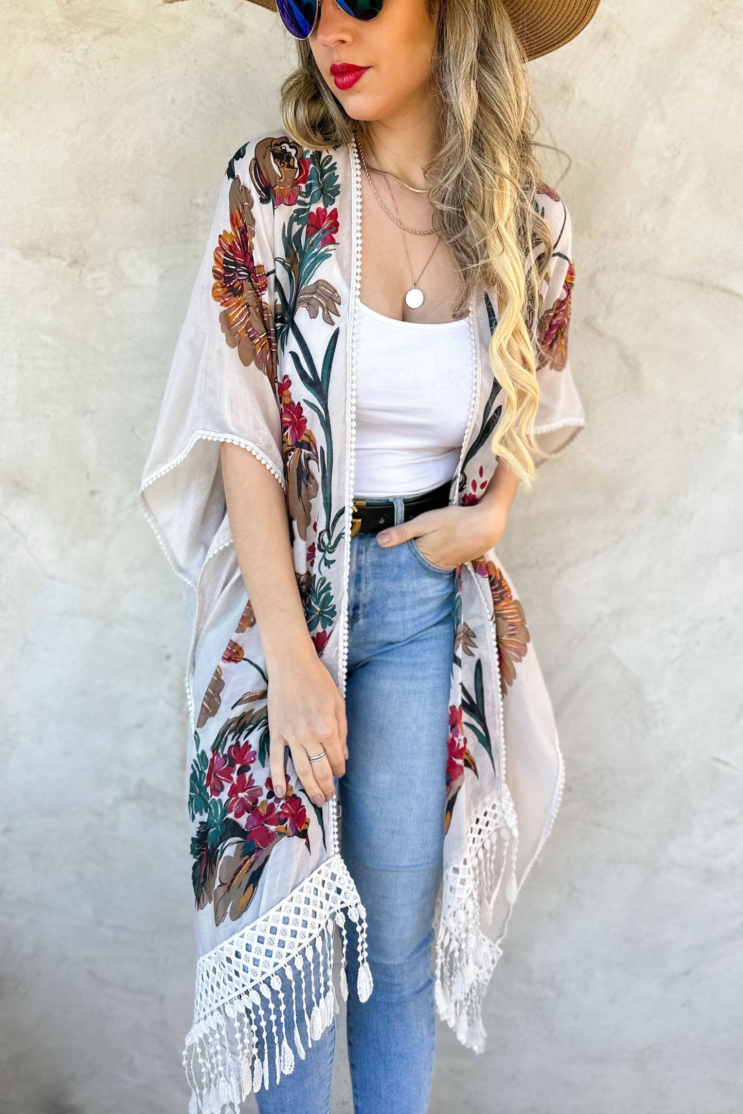 White Floral Print Lace Detail Tassel Bottom Kimono Cardigan