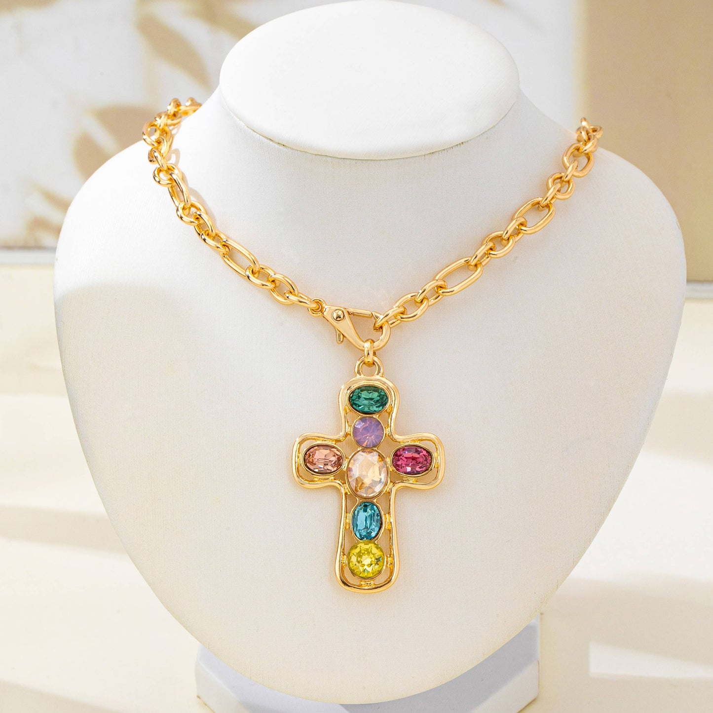 Multi-Colored Crystal Cross Necklace