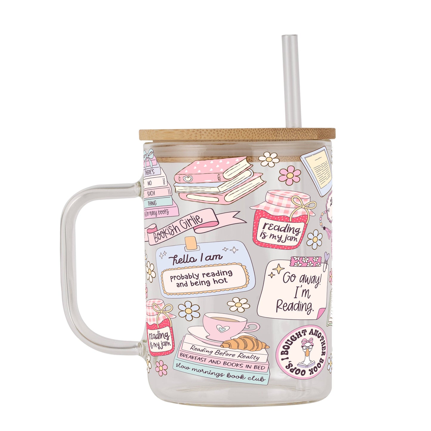 Bookish Girlie Clear Glass Mug With Lid & Straw