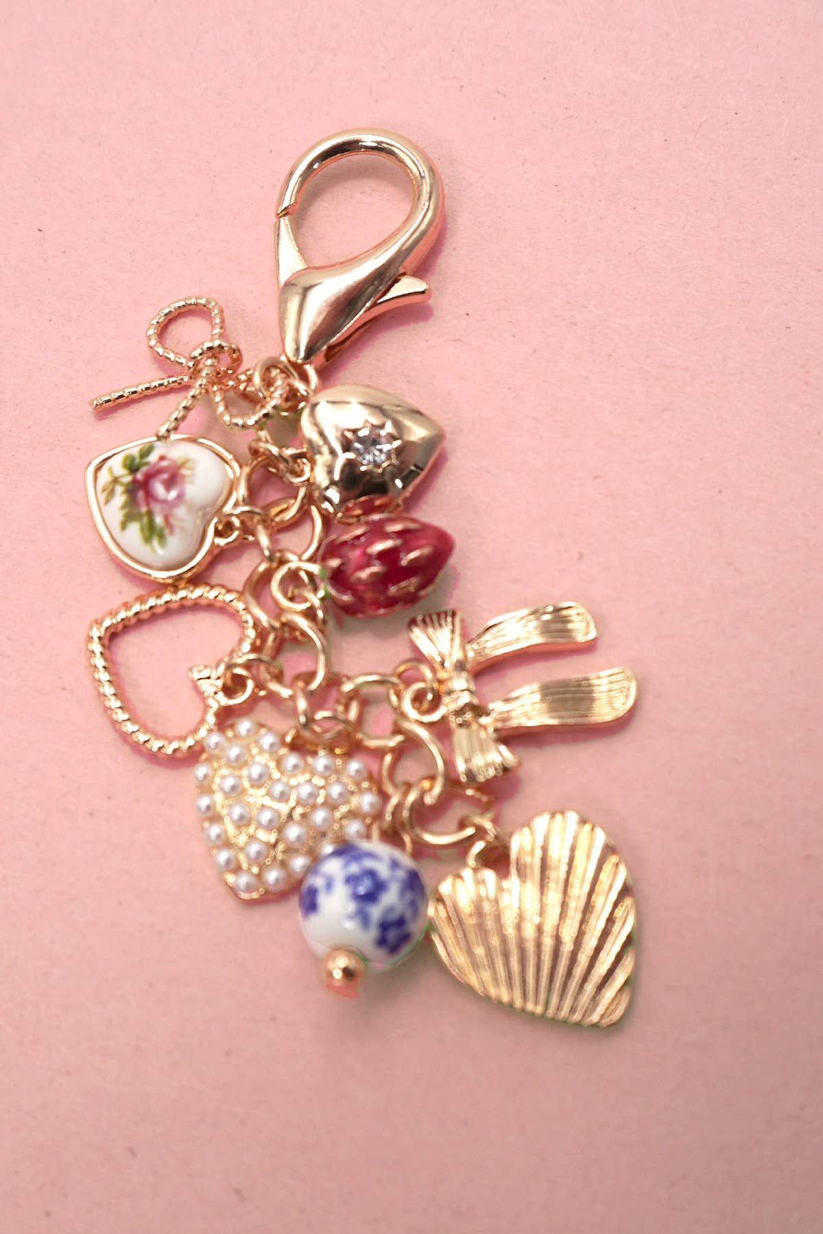 PORCELAIN BOWS HEARTS PEARL STRAWBERRY BAG CHARM |