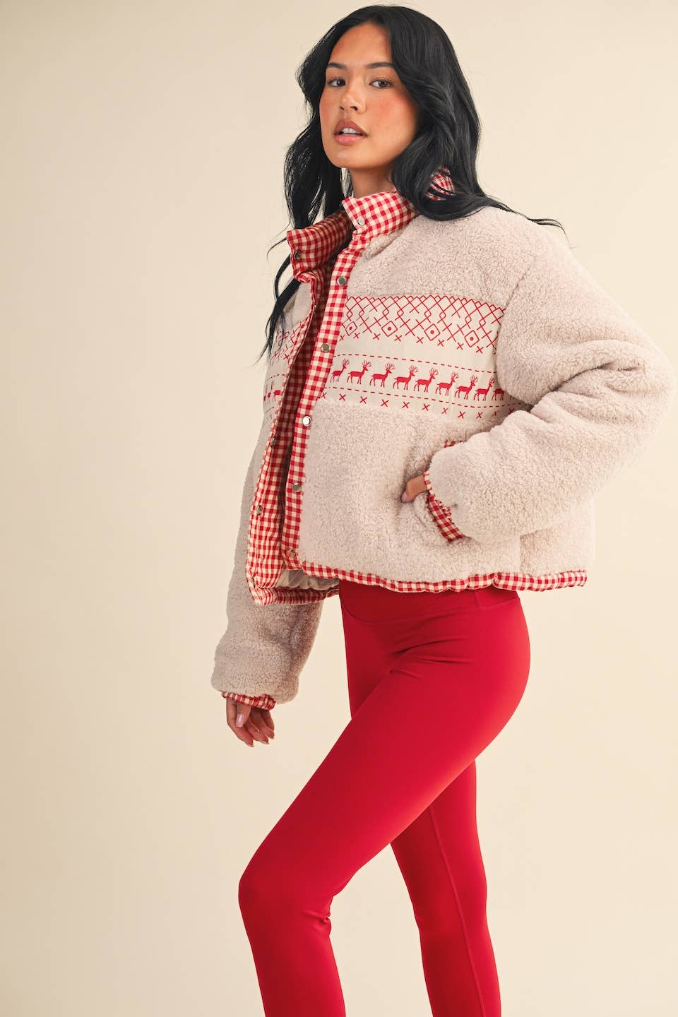 Cozy Sherpa Jacket with Gingham Lining and Holiday Trim