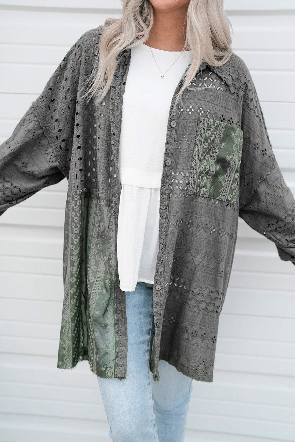 Green Eyelet Pattern Patchwork Oversized Shacket