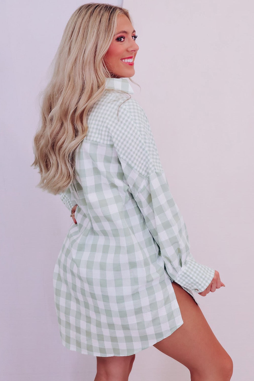 Green Mix Checked Patchwork Button Up