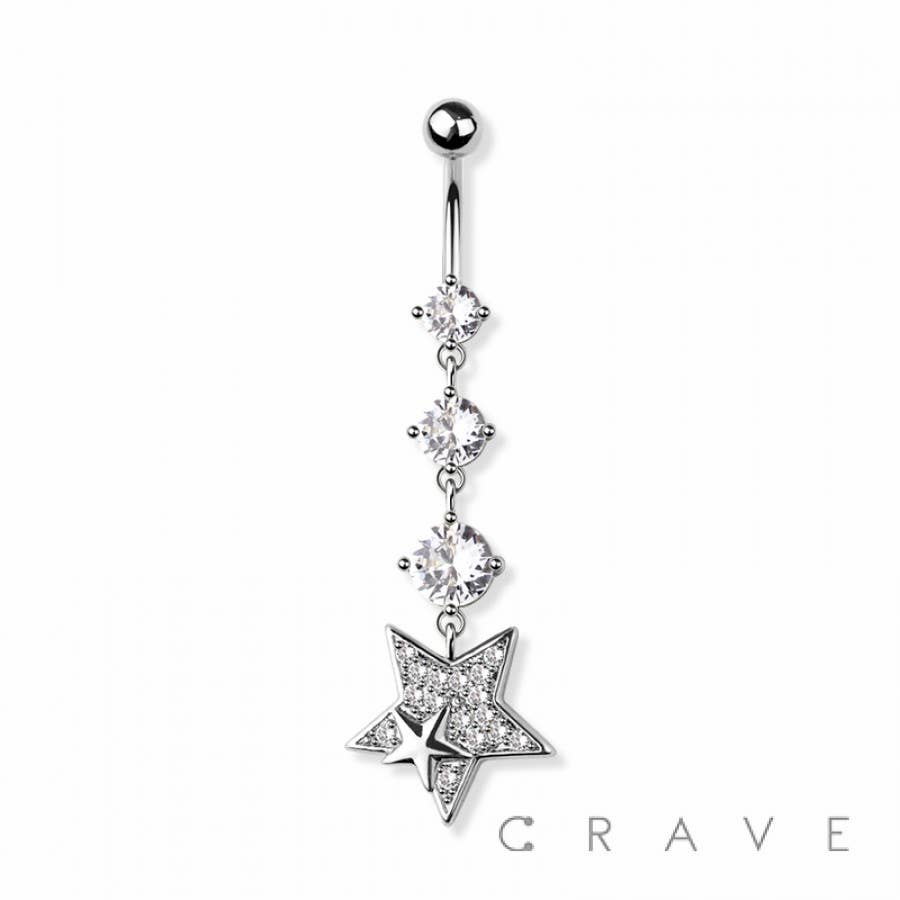 TRIPLE CZ GEM STAR 316L SURGICAL STEEL NAVEL BELLY RING
