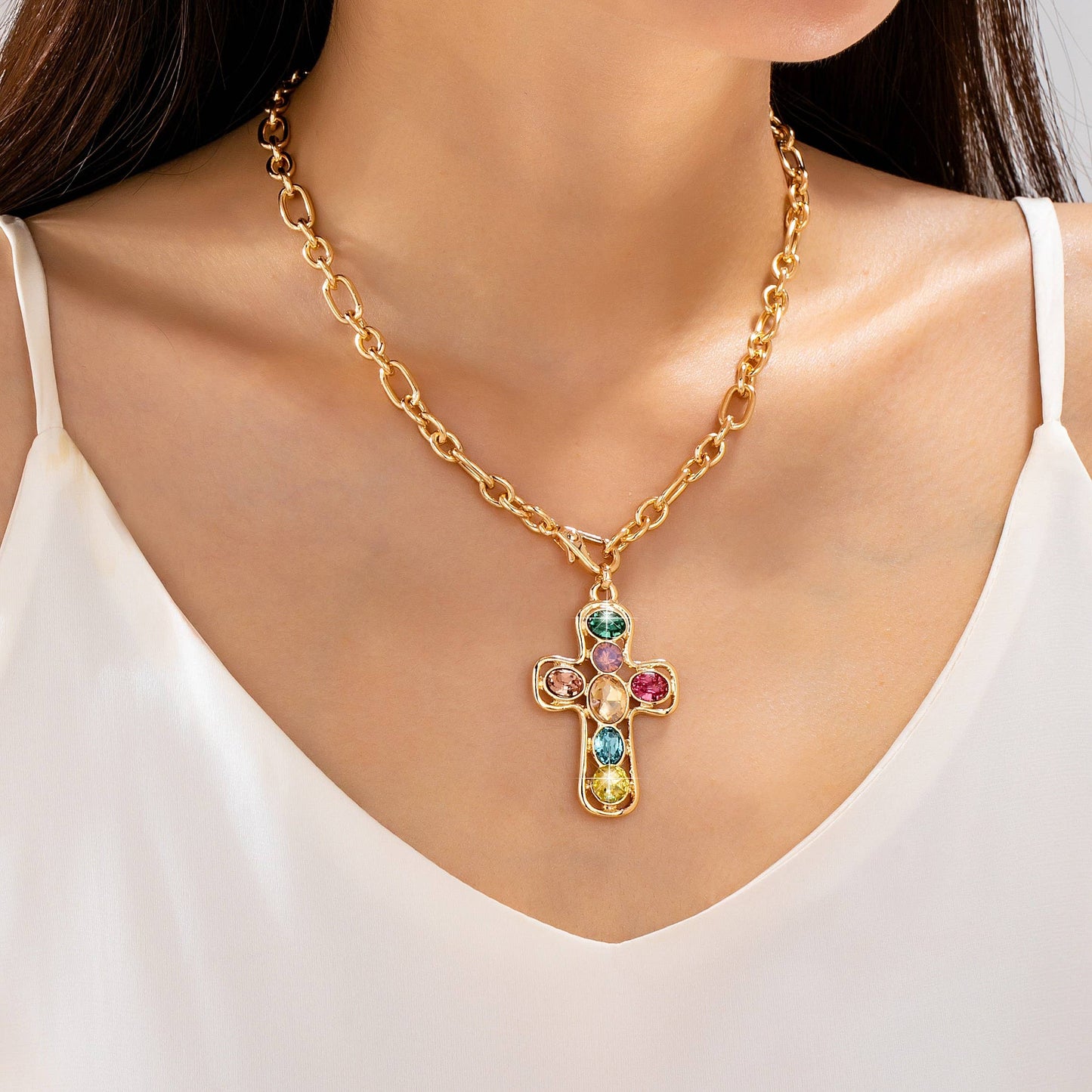 Multi-Colored Crystal Cross Necklace