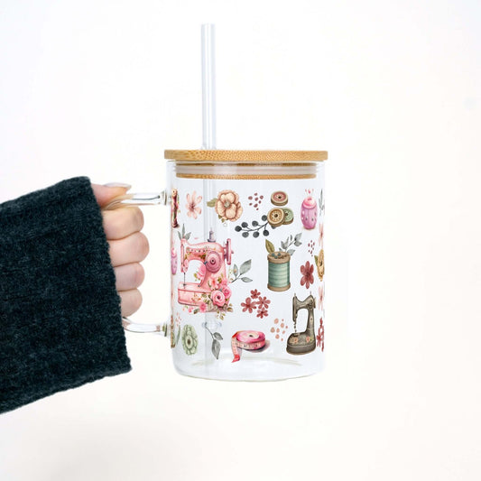 Sewing Clear Glass Mug With Lid and Straw