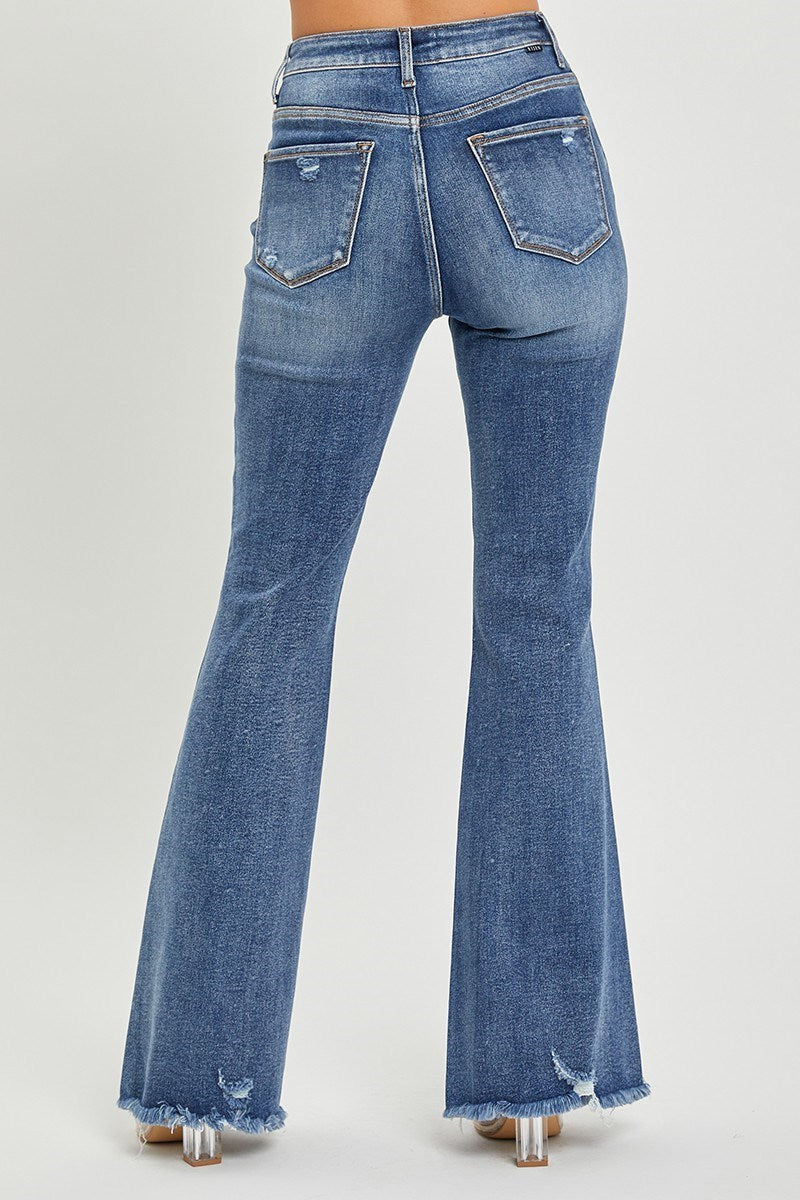 Plus HR Raw Hem Flare Jeans