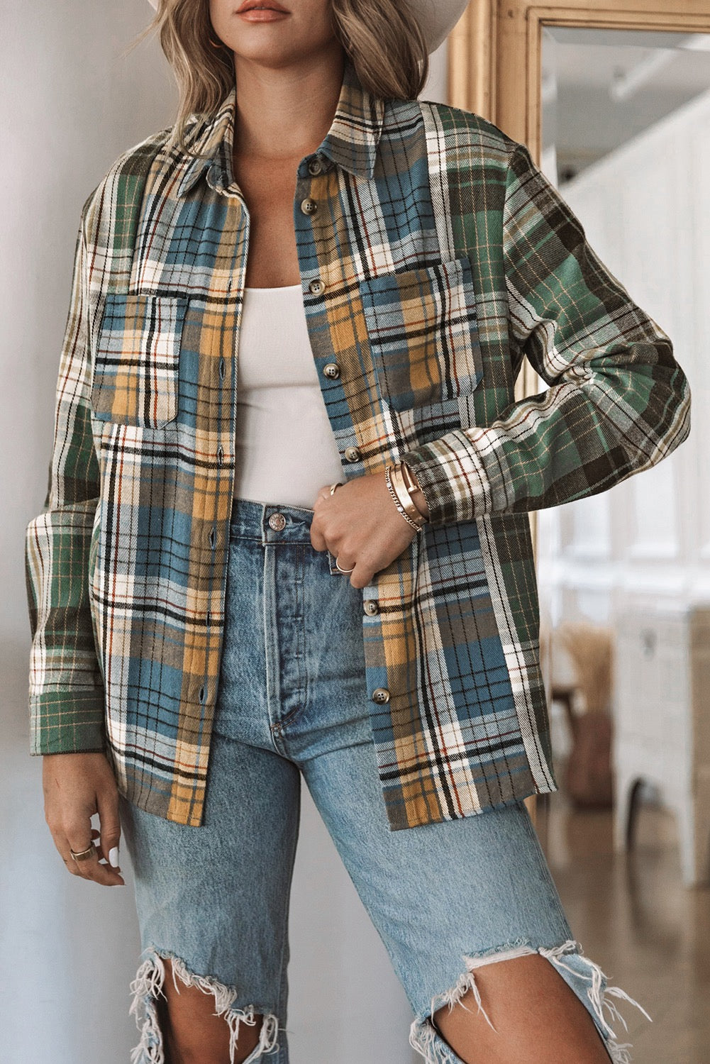 Green Chest Pockets Button Up Plaid