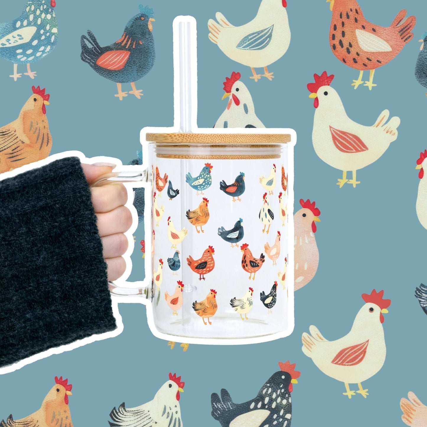 Chicken Lover 17oz Glass Mug With Lid and Straw