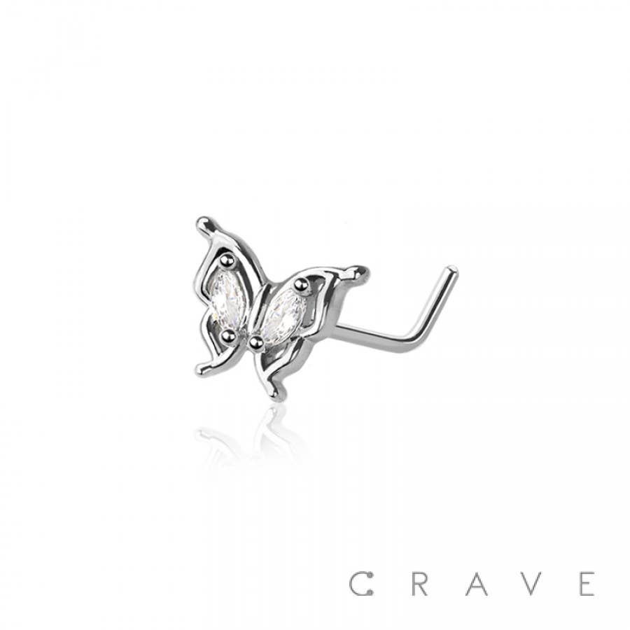 CZ PAVED GEM BUTTERFLY 316L SURGICAL STEEL L-SHAPE NOSE STUD