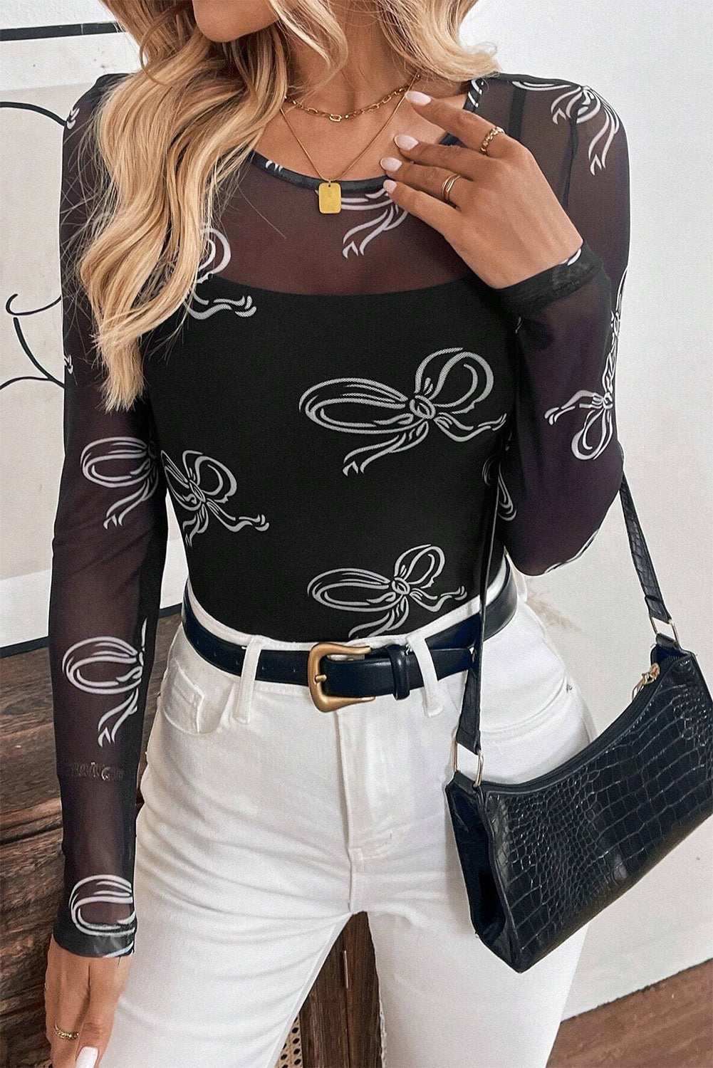 Bow Round Neck Mesh Long Sleeve