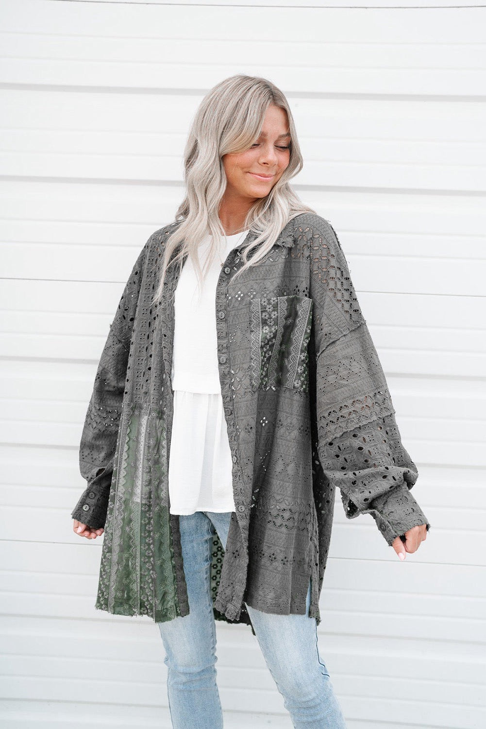 Green Eyelet Pattern Patchwork Oversized Shacket