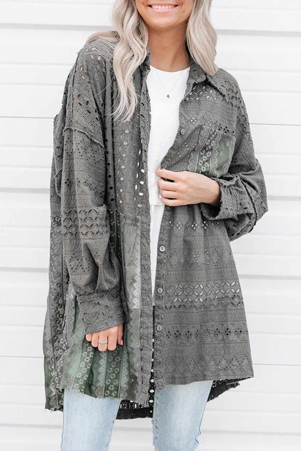 Green Eyelet Pattern Patchwork Oversized Shacket