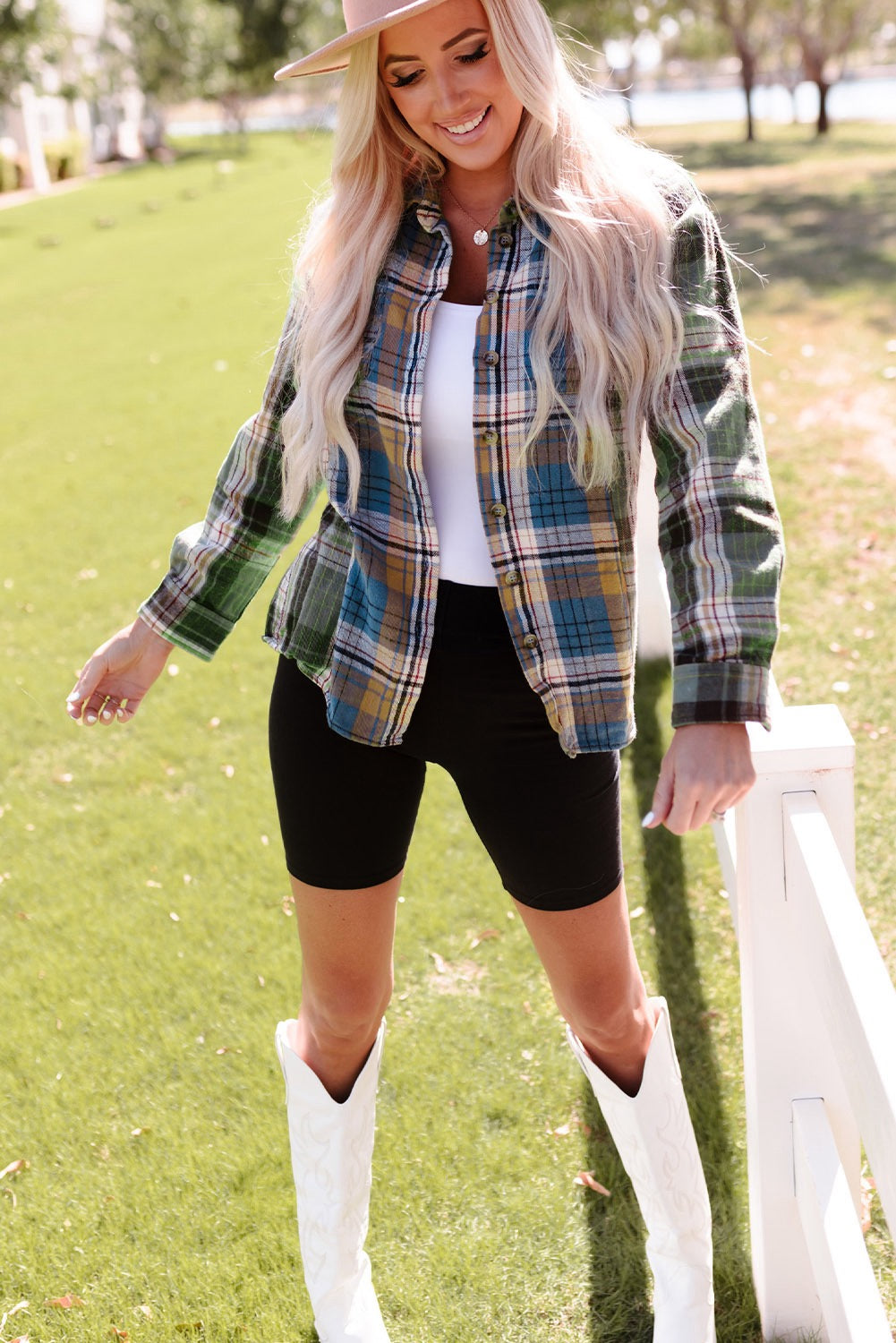 Green Chest Pockets Button Up Plaid