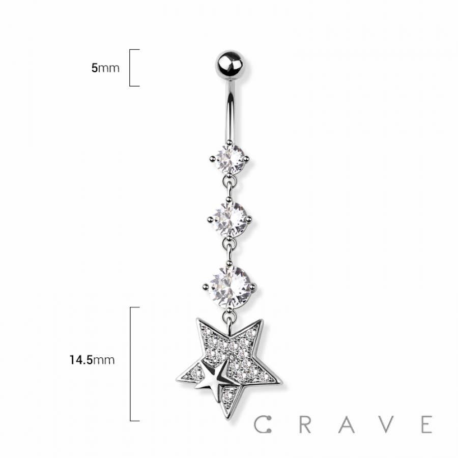 TRIPLE CZ GEM STAR 316L SURGICAL STEEL NAVEL BELLY RING