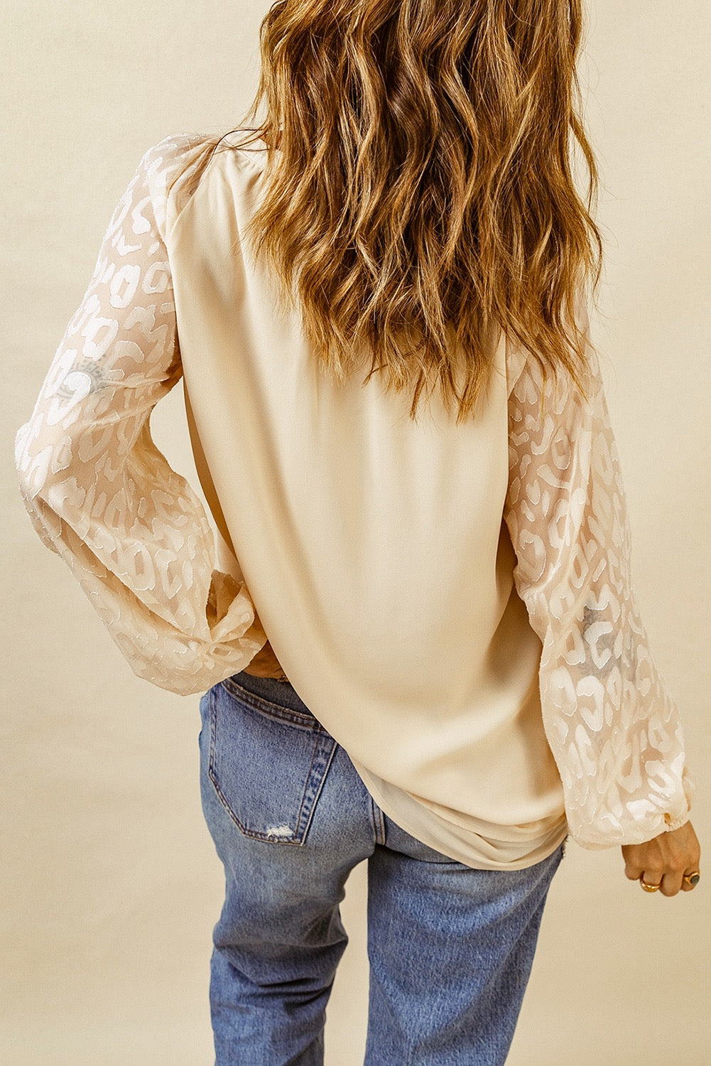 Beige Leopard Mesh Bubble Sleeve Blouse