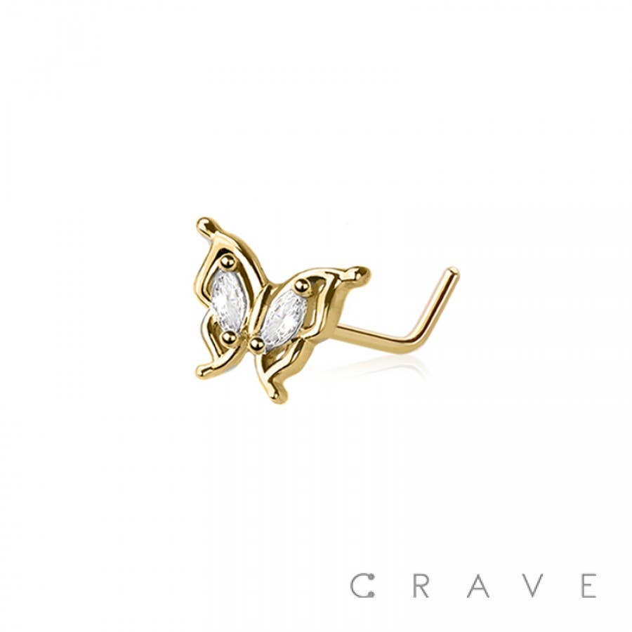 CZ PAVED GEM BUTTERFLY 316L SURGICAL STEEL L-SHAPE NOSE STUD