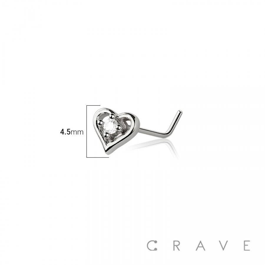 CZ CENTER HEART 316L SURGICAL STEEL L-SHAPE NOSE RING