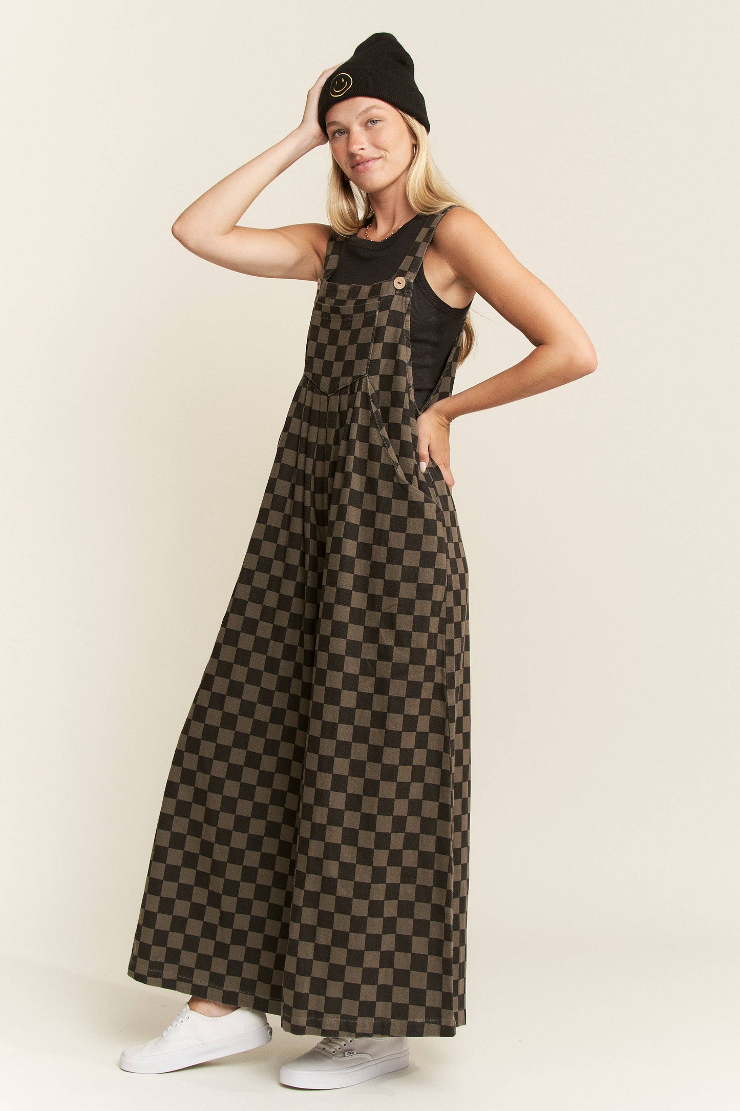 CHECKERED WIDE LEG OVERALLS