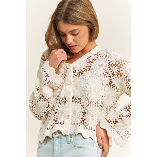 SCALLOP LACE FLORAL CROCHET BUTTON DOWN TOP